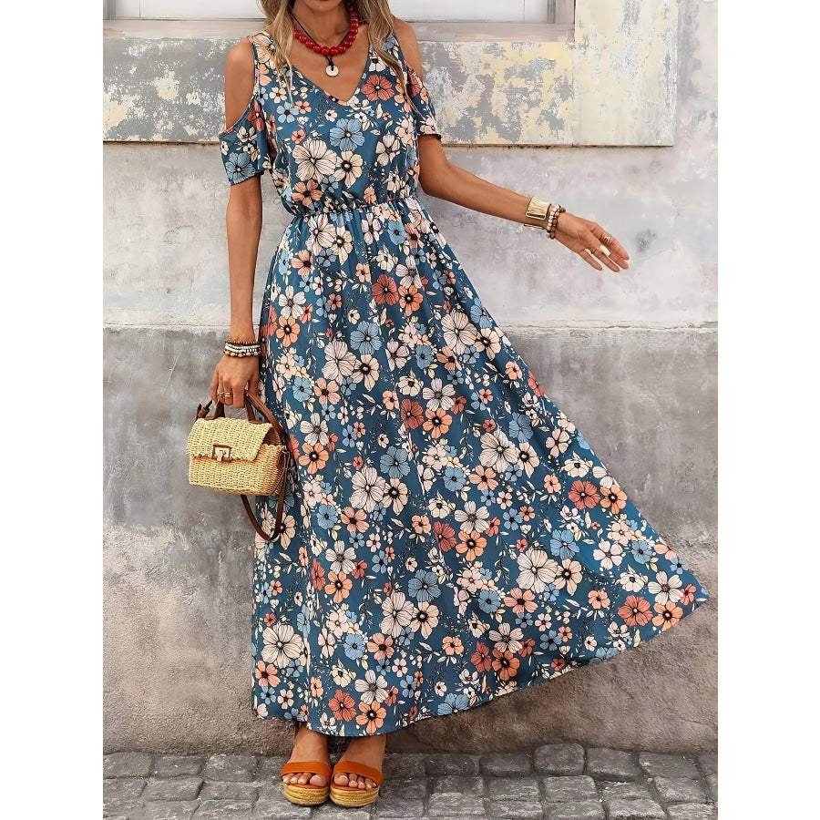 Cold Shoulder Floral Print Maxi Dress Apparel and Accessories