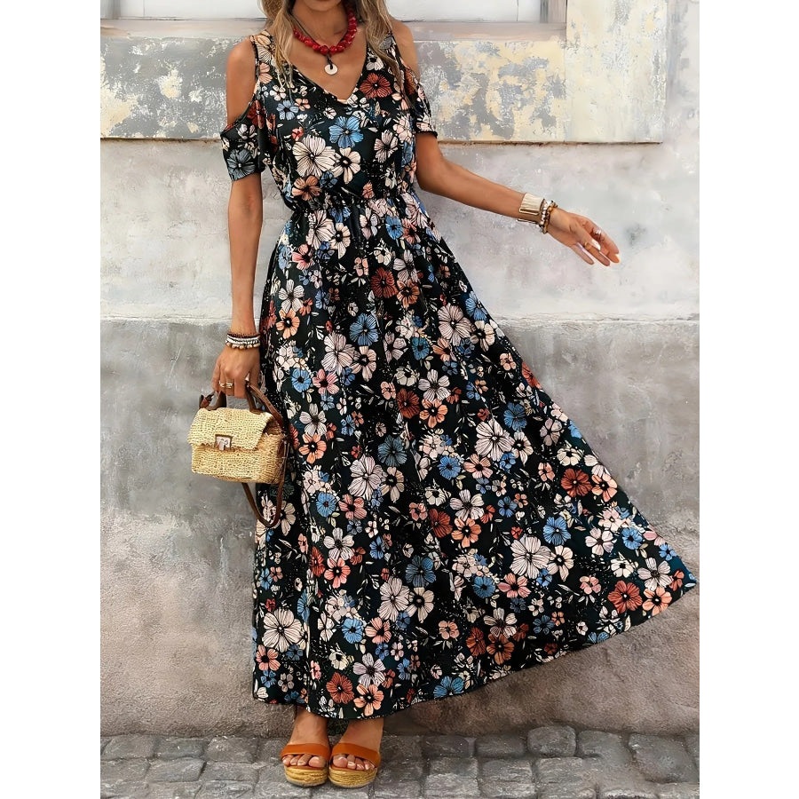 Cold Shoulder Floral Print Maxi Dress Black / S Apparel and Accessories