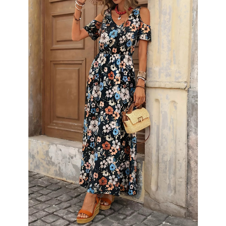 Cold Shoulder Floral Print Maxi Dress Light Blue / S Apparel and Accessories
