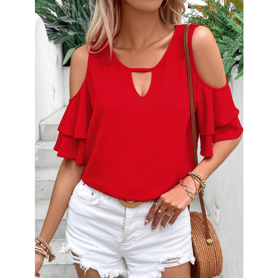 Cold Shoulder Flounce Sleeve Blouse Apparel and Accessories