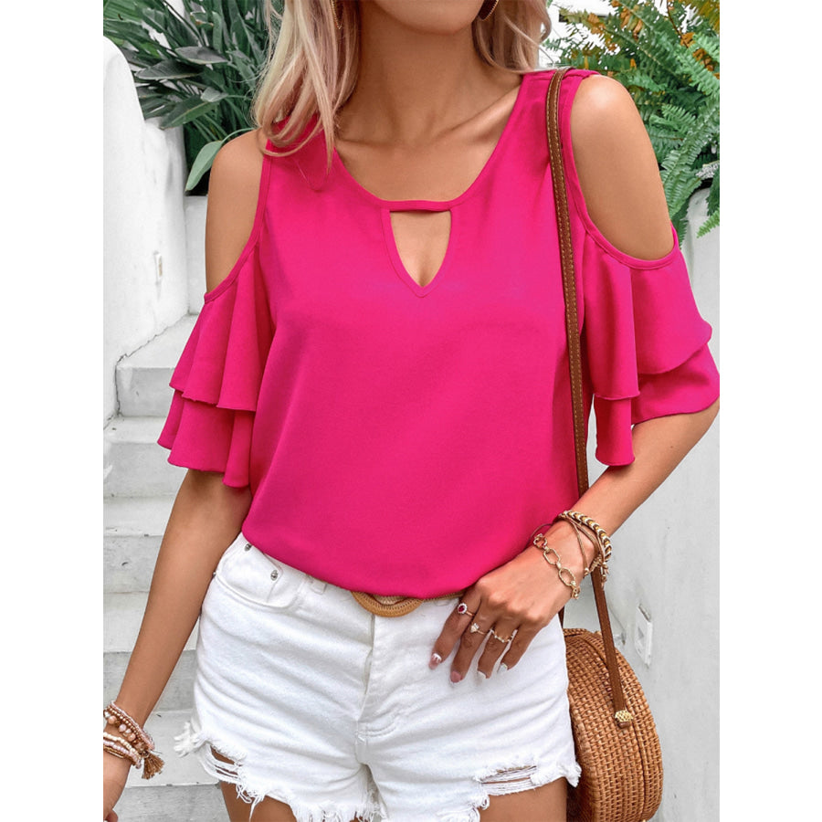 Cold Shoulder Flounce Sleeve Blouse Apparel and Accessories