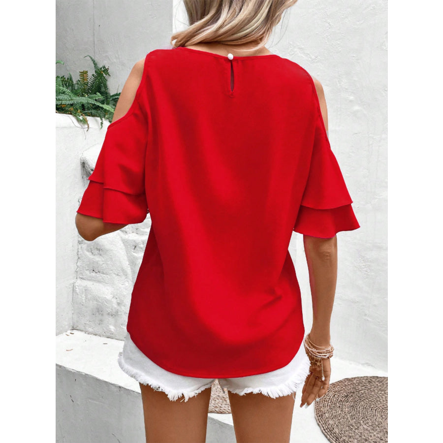 Cold Shoulder Flounce Sleeve Blouse Apparel and Accessories