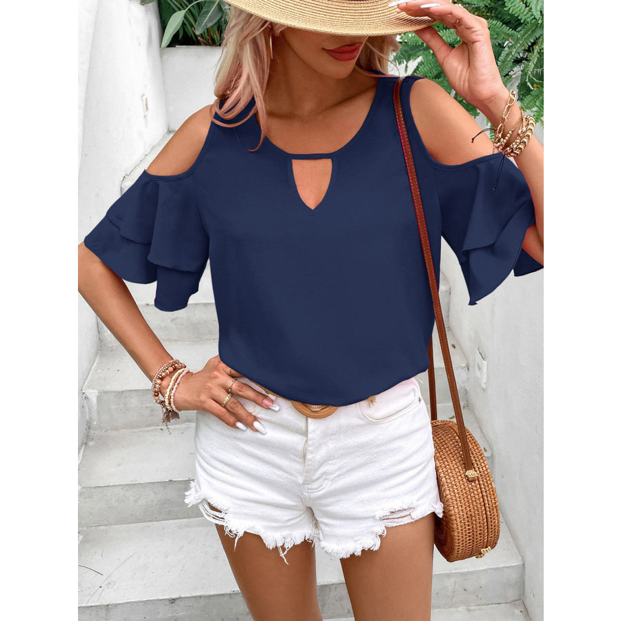 Cold Shoulder Flounce Sleeve Blouse Apparel and Accessories