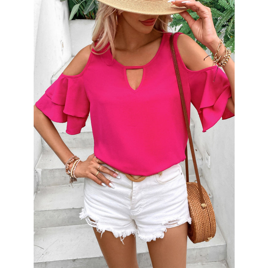 Cold Shoulder Flounce Sleeve Blouse Apparel and Accessories