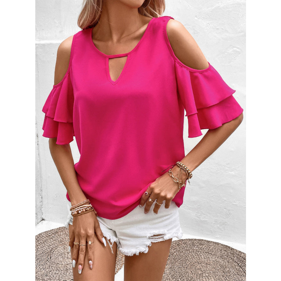 Cold Shoulder Flounce Sleeve Blouse Hot Pink / S Apparel and Accessories