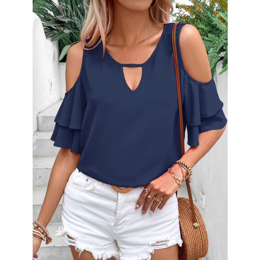 Cold Shoulder Flounce Sleeve Blouse Navy / S Apparel and Accessories