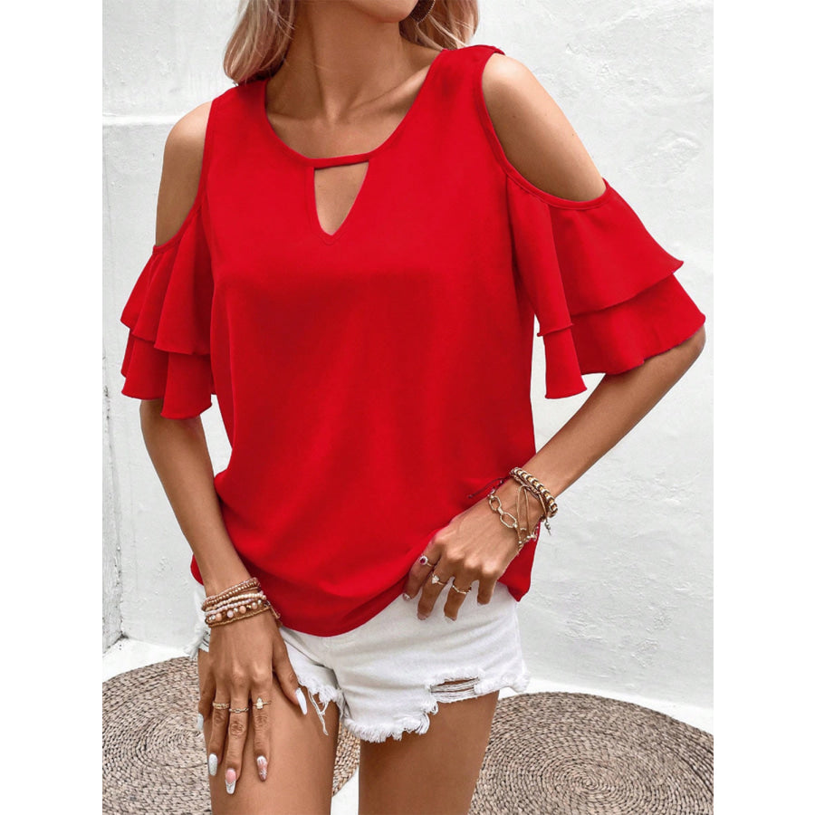 Cold Shoulder Flounce Sleeve Blouse Scarlet / S Apparel and Accessories