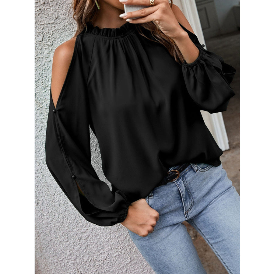 Cold Shoulder Frill Neck Blouse Black / S Apparel and Accessories