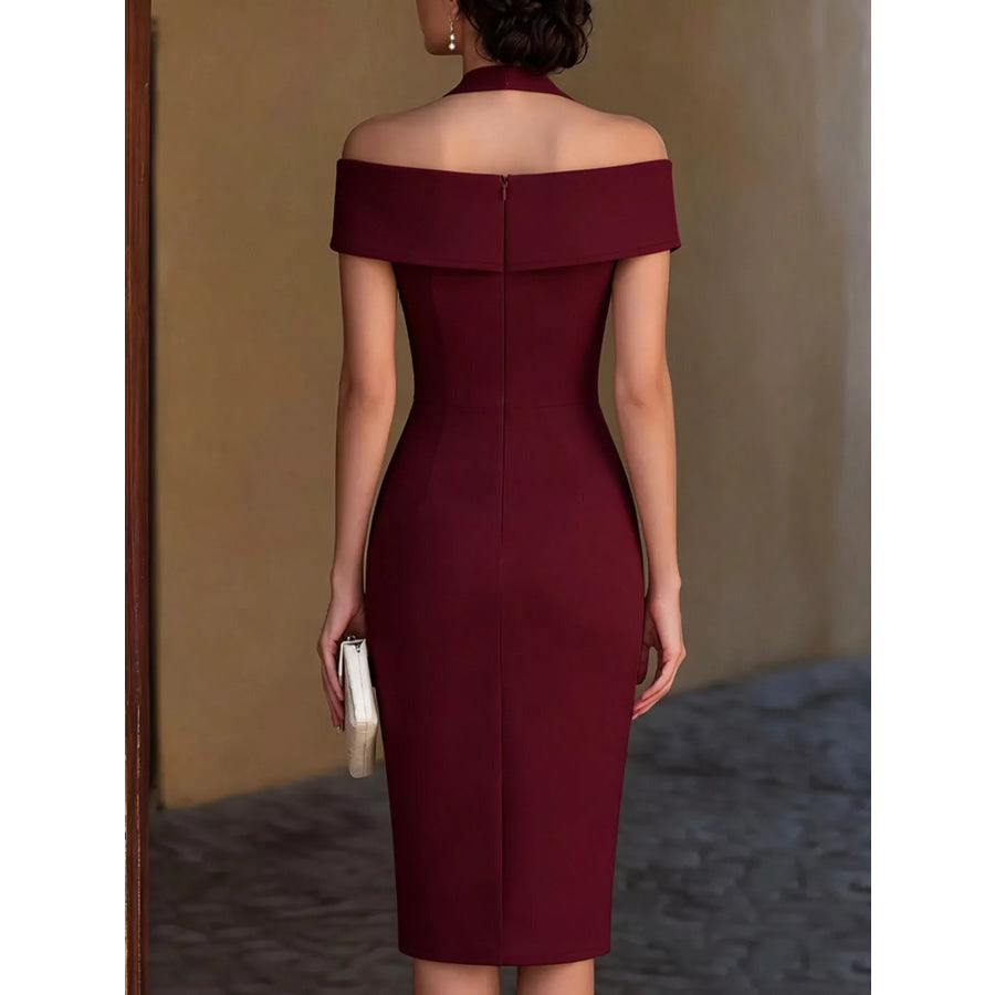 Cold Shoulder Halter Neck Midi Dress Apparel and Accessories