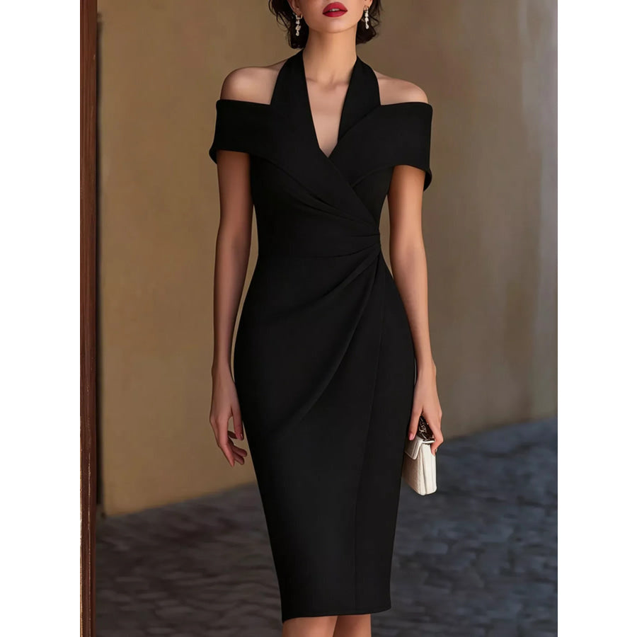 Cold Shoulder Halter Neck Midi Dress Black / S Apparel and Accessories