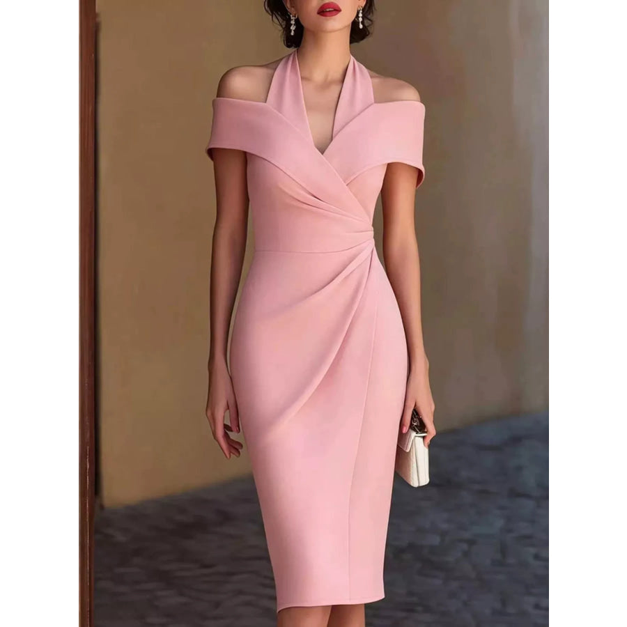 Cold Shoulder Halter Neck Midi Dress Pink / S Apparel and Accessories