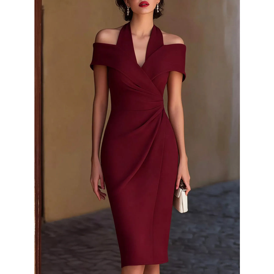 Cold Shoulder Halter Neck Midi Dress Red / S Apparel and Accessories