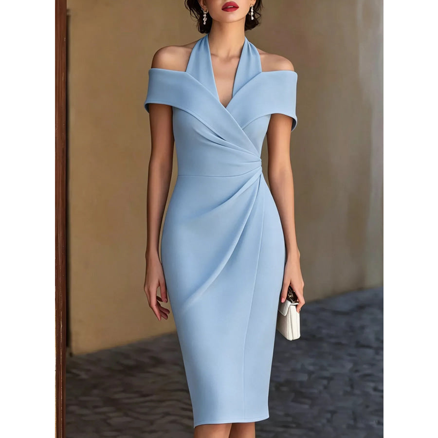Cold Shoulder Halter Neck Midi Dress Sky Blue / S Apparel and Accessories
