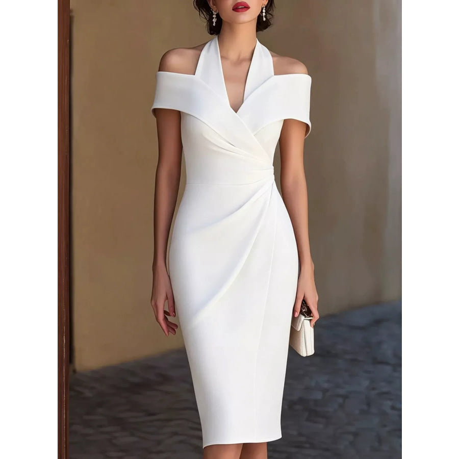 Cold Shoulder Halter Neck Midi Dress White / S Apparel and Accessories