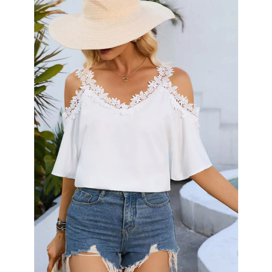 Cold Shoulder Lace Trim Blouse Apparel and Accessories