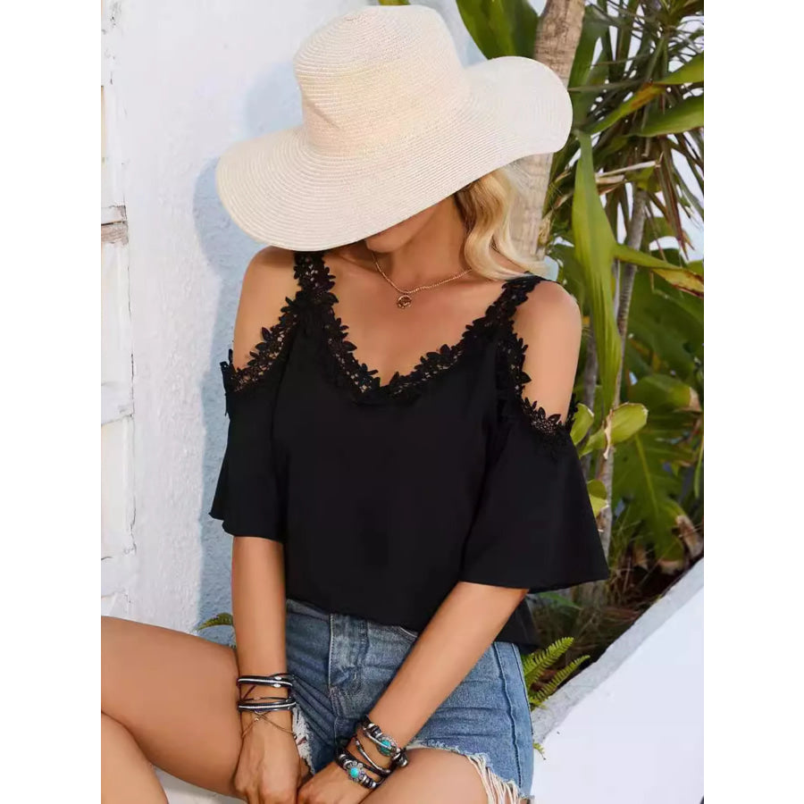 Cold Shoulder Lace Trim Blouse Apparel and Accessories