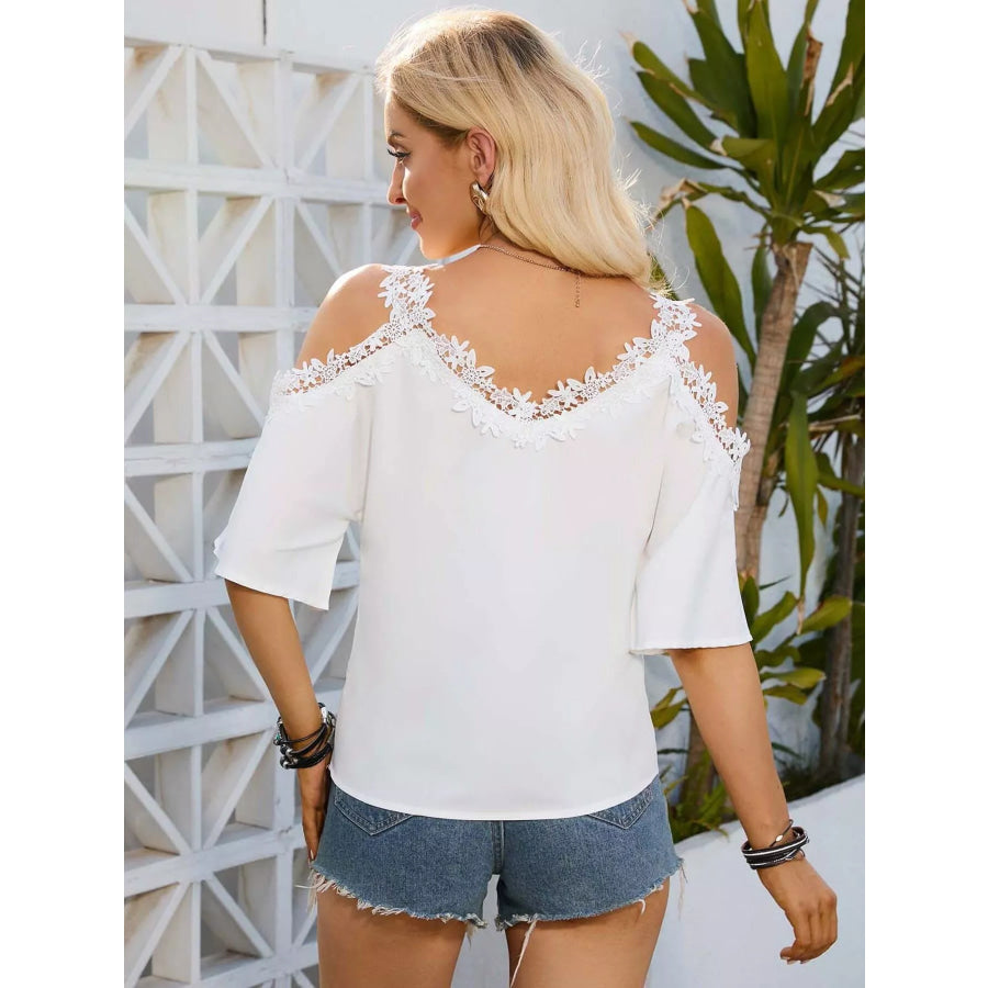 Cold Shoulder Lace Trim Blouse Apparel and Accessories