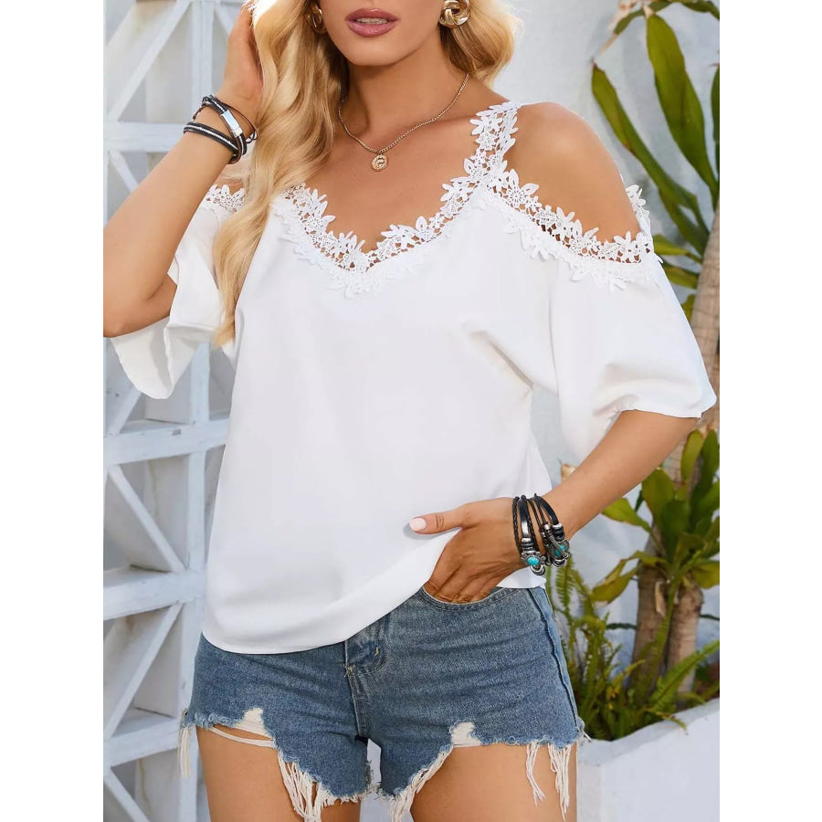 Cold Shoulder Lace Trim Blouse Apparel and Accessories