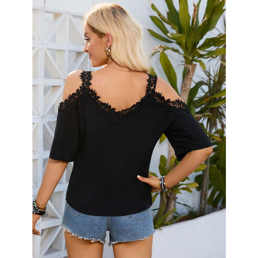 Cold Shoulder Lace Trim Blouse Apparel and Accessories