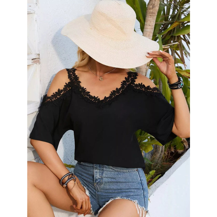 Cold Shoulder Lace Trim Blouse Apparel and Accessories
