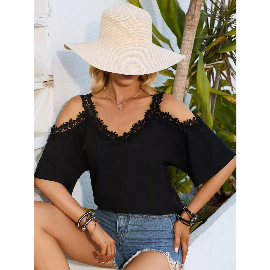 Cold Shoulder Lace Trim Blouse Apparel and Accessories