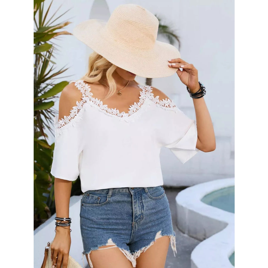 Cold Shoulder Lace Trim Blouse White / S Apparel and Accessories