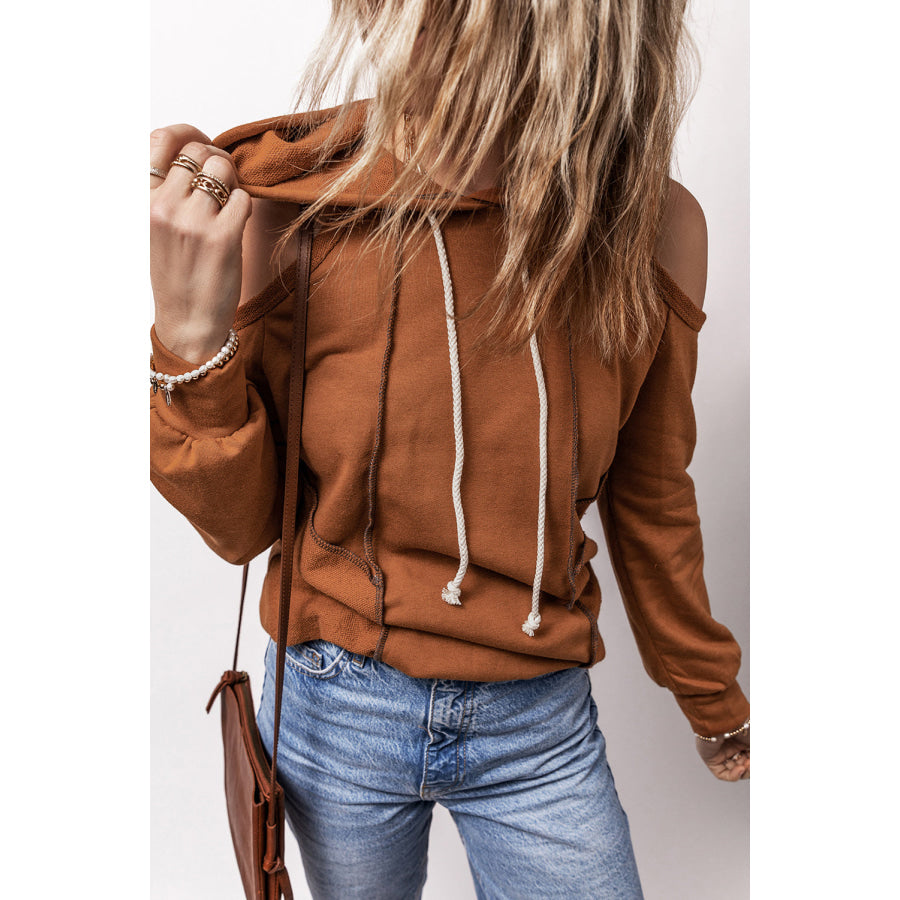 Cold Shoulder Long Sleeve Hoodie Caramel / S Apparel and Accessories