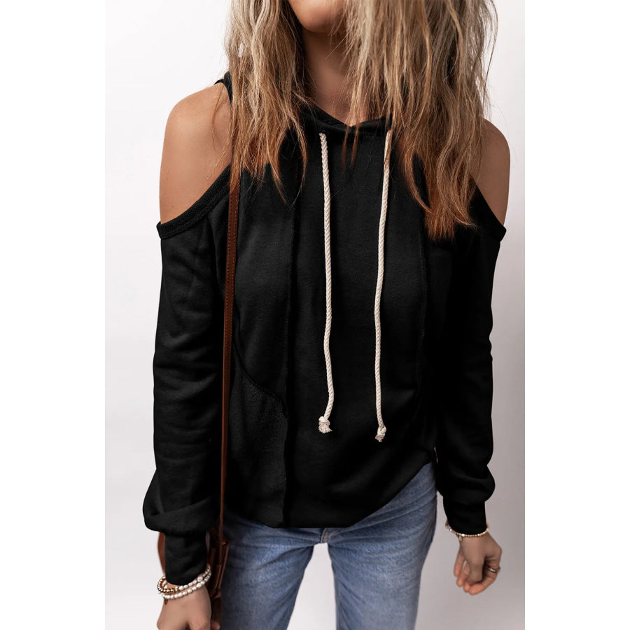 Cold Shoulder Long Sleeve Hoodie Black / L Apparel and Accessories