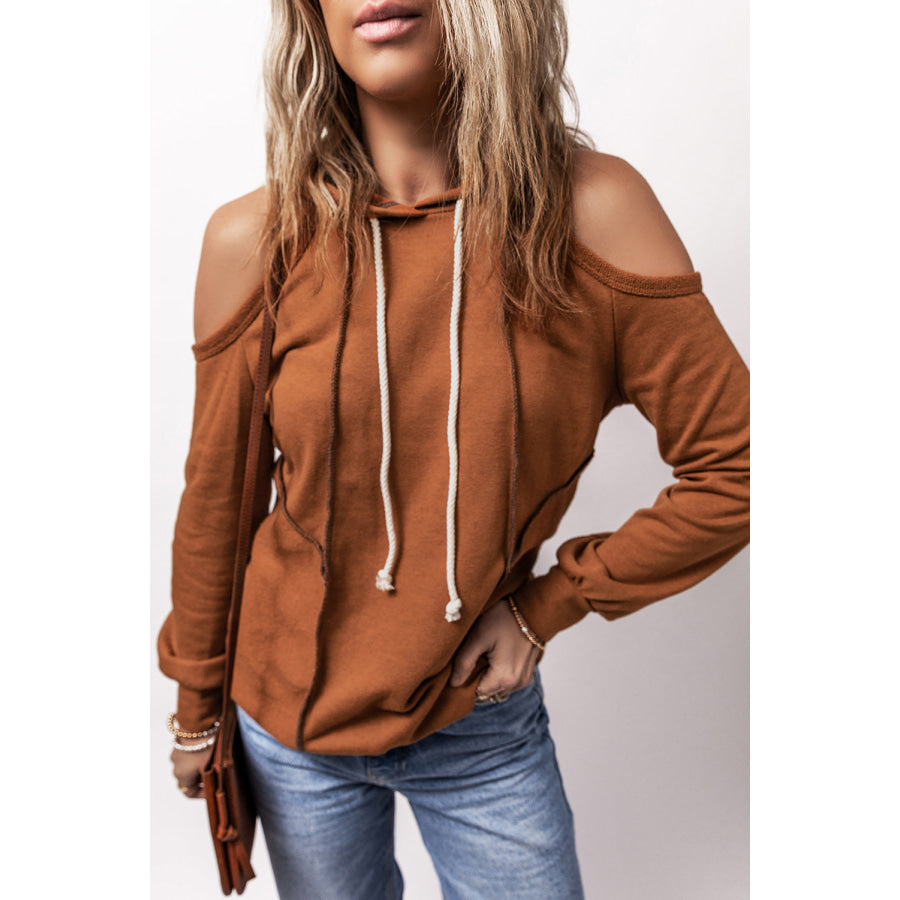 Cold Shoulder Long Sleeve Hoodie Caramel / S Apparel and Accessories