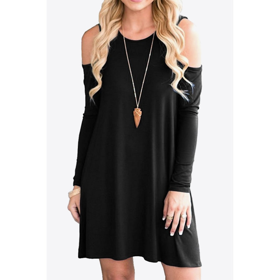 Cold-Shoulder Long Sleeve Round Neck Dress Black / S