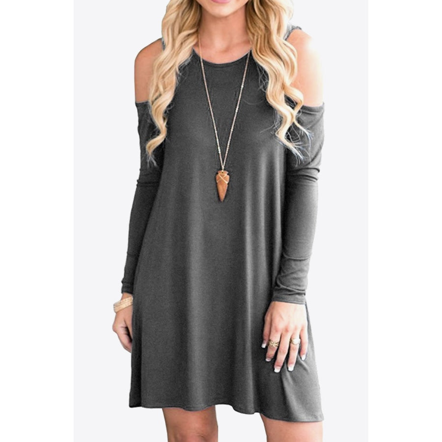 Cold-Shoulder Long Sleeve Round Neck Dress Mid Gray / S