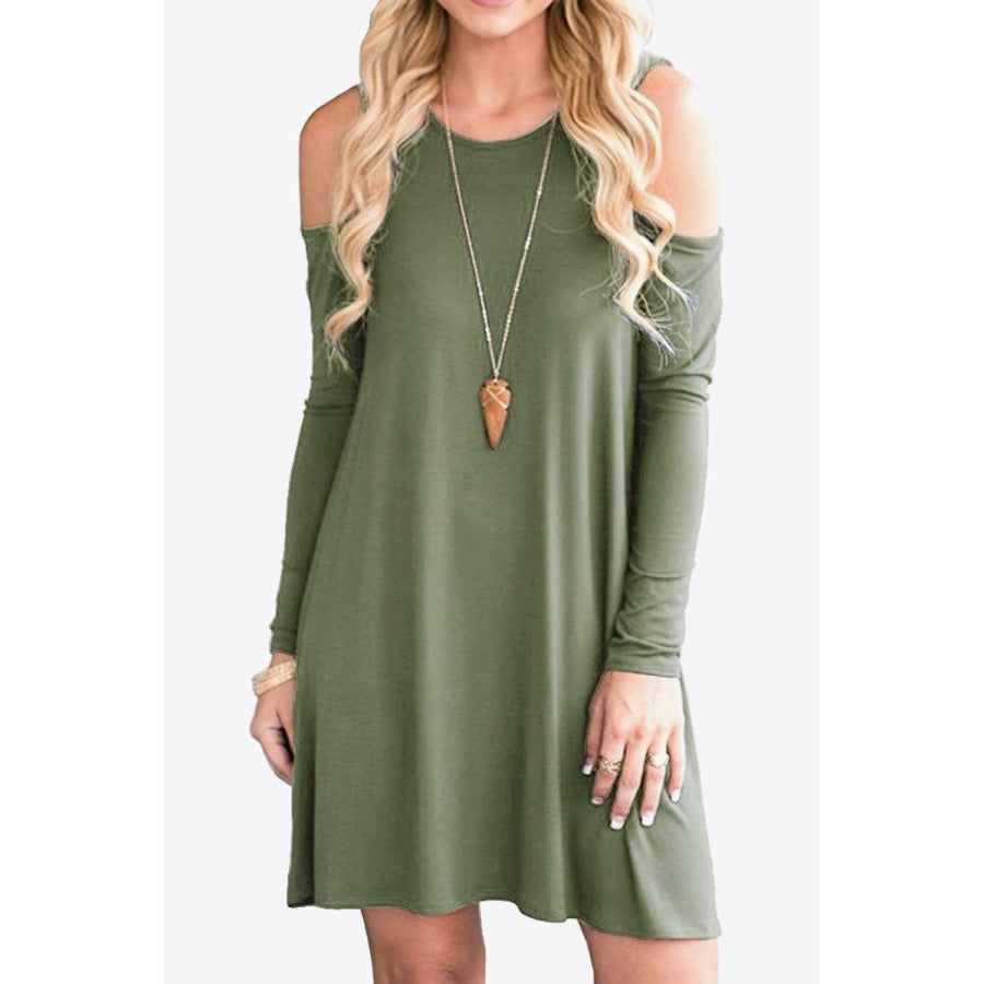 Cold-Shoulder Long Sleeve Round Neck Dress Moss / S