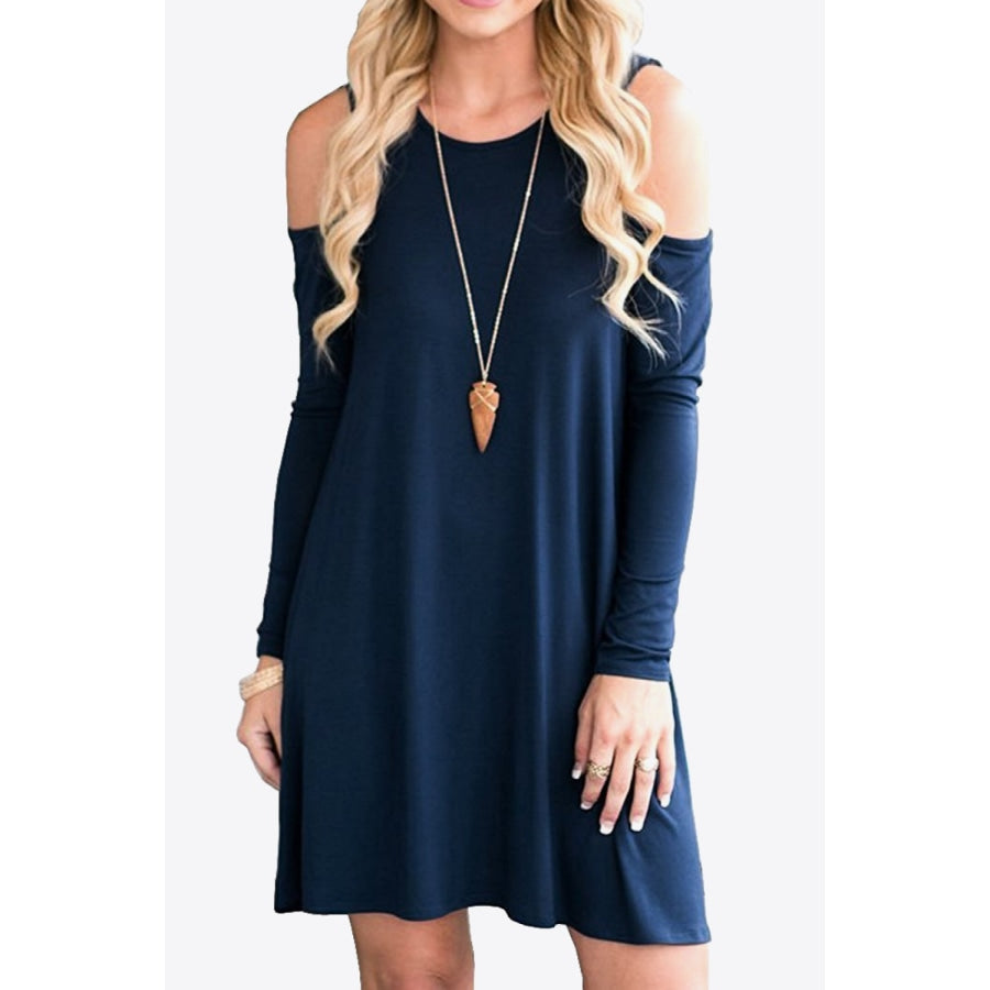 Cold-Shoulder Long Sleeve Round Neck Dress Navy / S