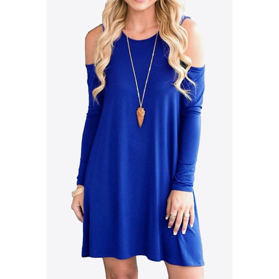 Cold-Shoulder Long Sleeve Round Neck Dress Royal Blue / S