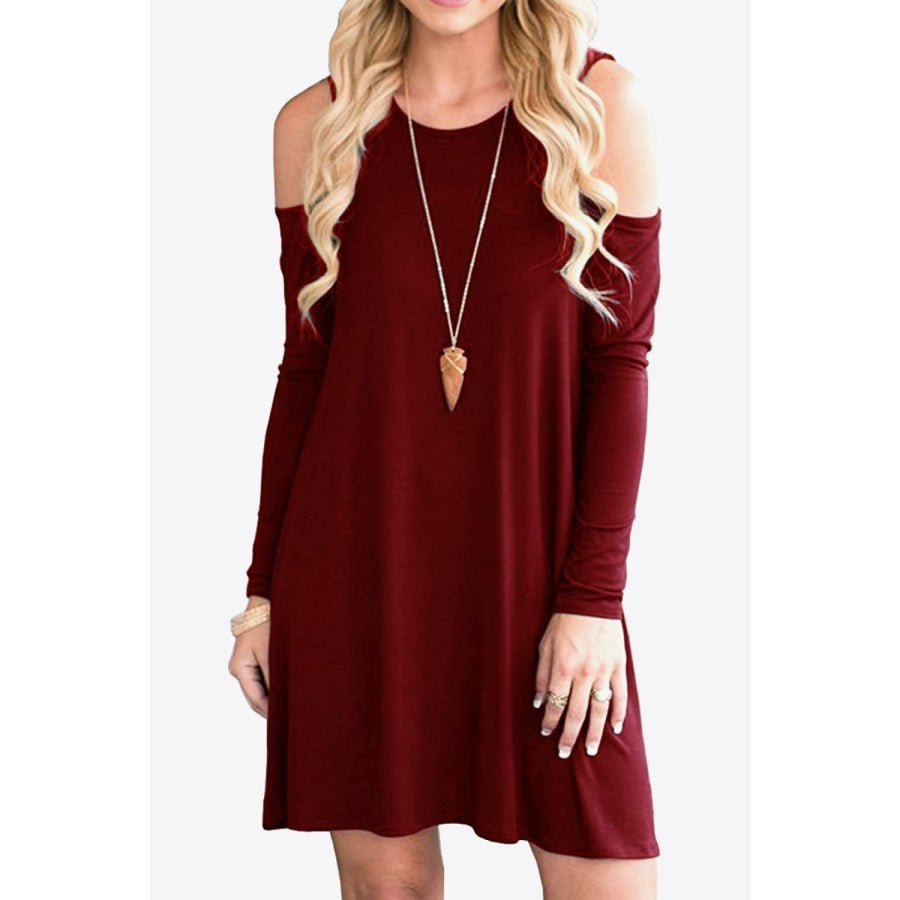 Cold-Shoulder Long Sleeve Round Neck Dress Wine / S