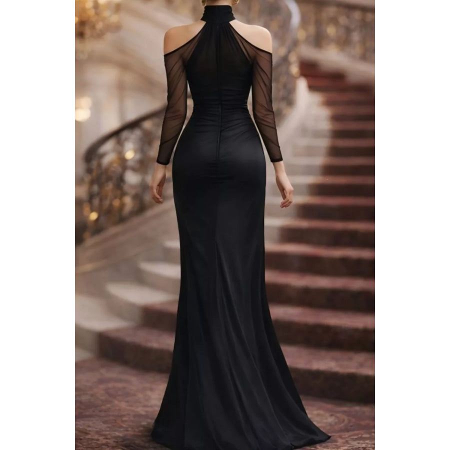 Cold Shoulder Mesh Sleeve Maxi Dress Apparel and Accessories