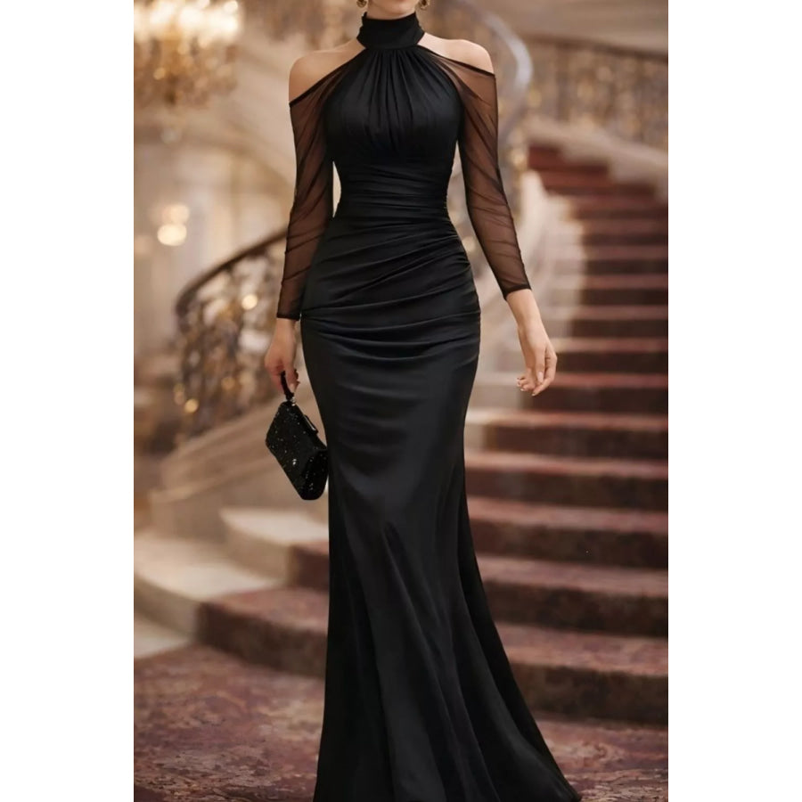 Cold Shoulder Mesh Sleeve Maxi Dress Black / S Apparel and Accessories