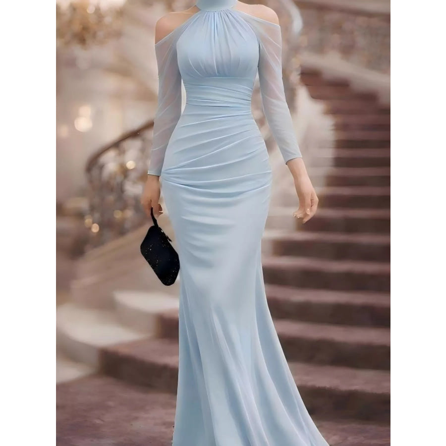 Cold Shoulder Mesh Sleeve Maxi Dress Blue / S Apparel and Accessories