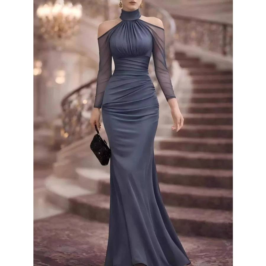 Cold Shoulder Mesh Sleeve Maxi Dress Gray / S Apparel and Accessories