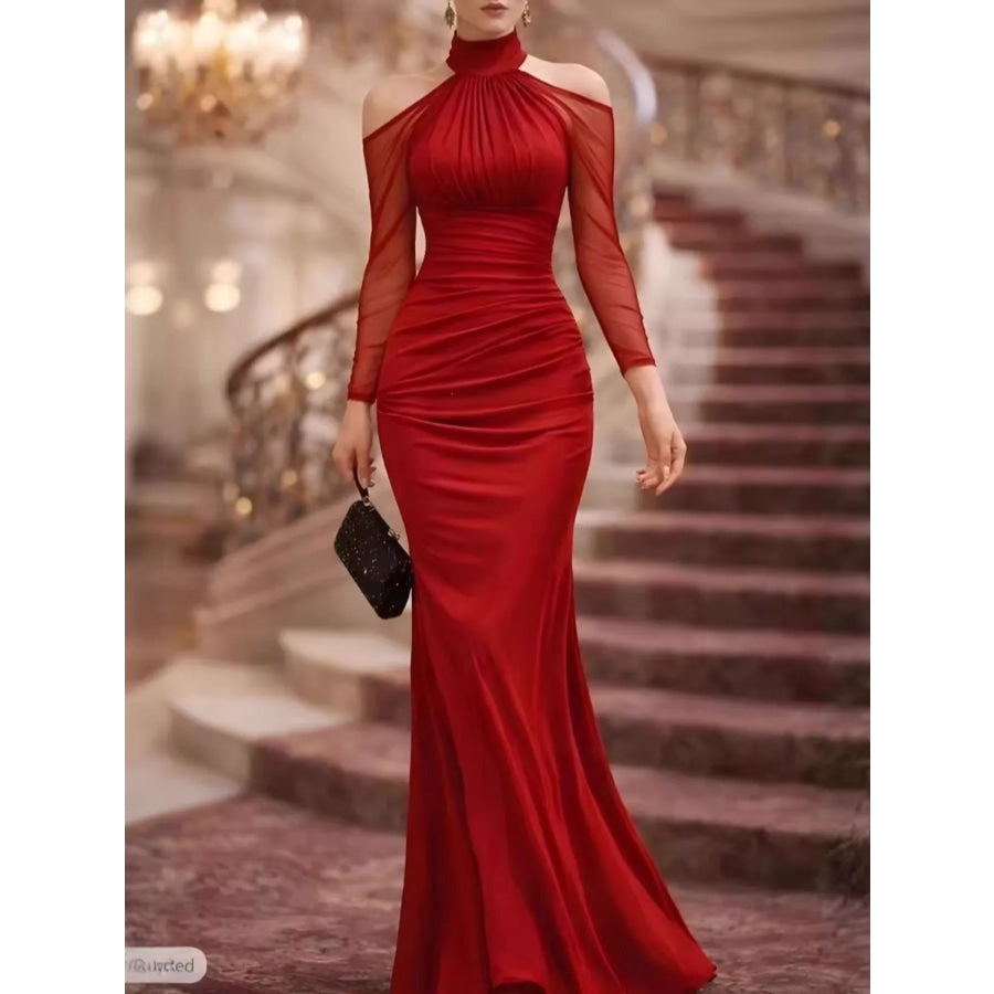 Cold Shoulder Mesh Sleeve Maxi Dress Red / S Apparel and Accessories