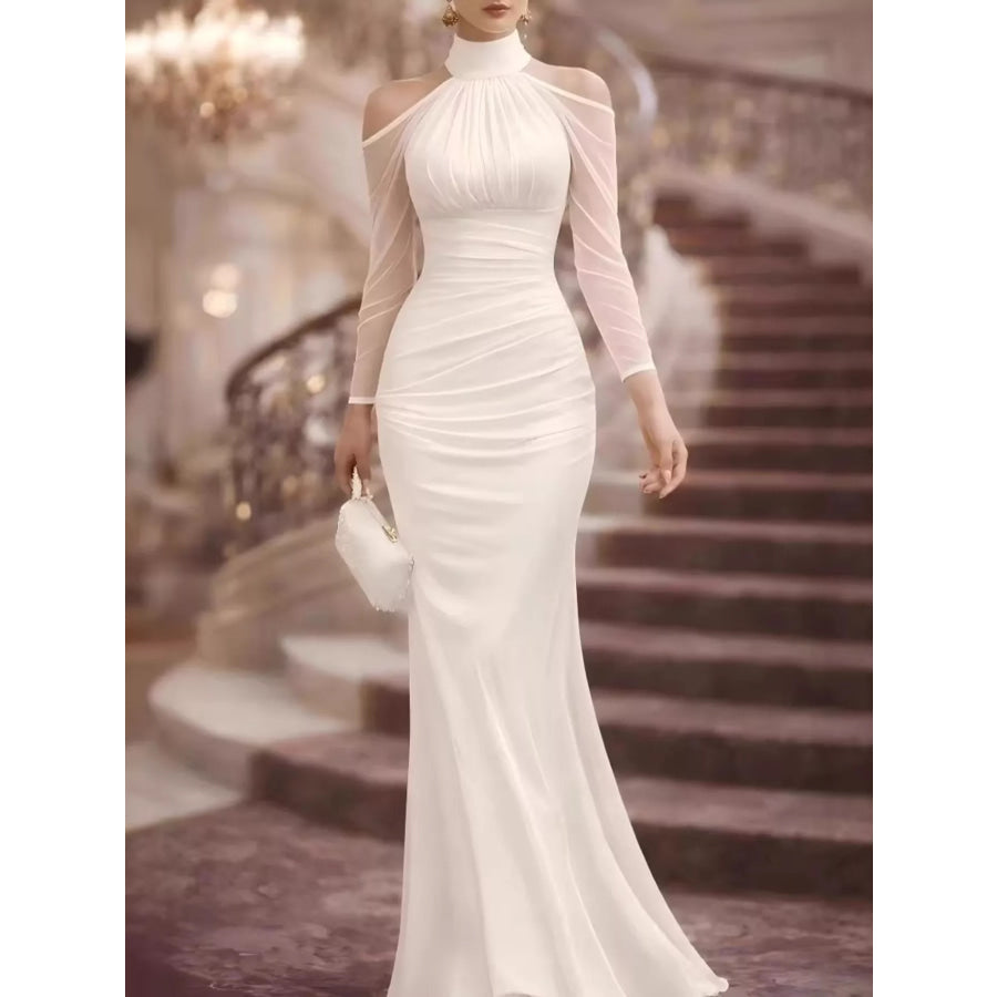 Cold Shoulder Mesh Sleeve Maxi Dress White / S Apparel and Accessories
