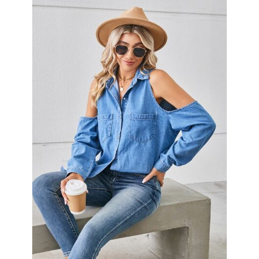 Cold Shoulder Pocketed Button Up Denim Jacket Clothing