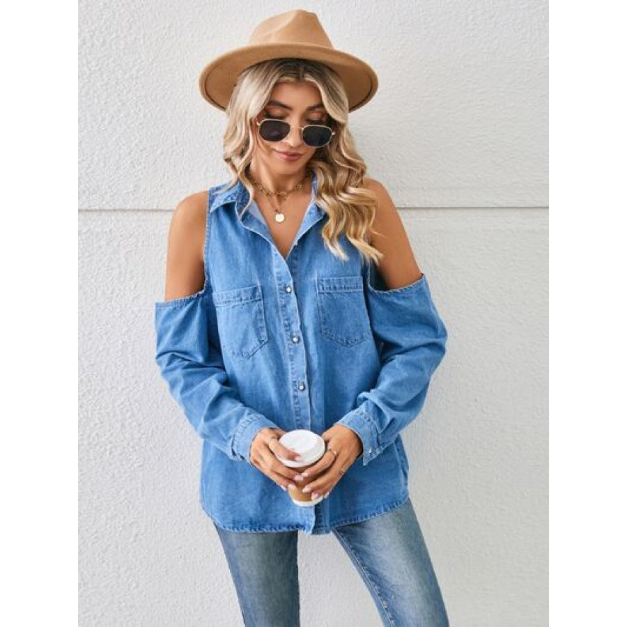 Sandee Rain Boutique Cold Shoulder Pocketed Button Up Denim Jacket Trendsi Clothing Clothing Sandee Rain Boutique