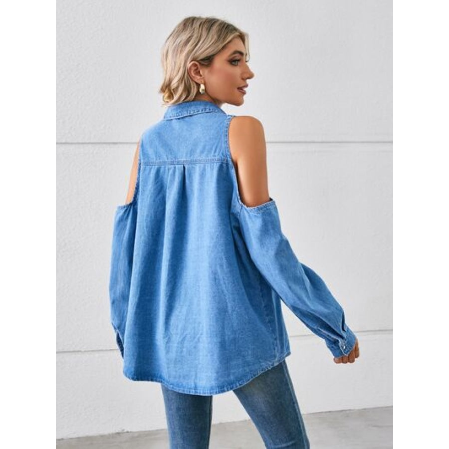 Sandee Rain Boutique Cold Shoulder Pocketed Button Up Denim Jacket Trendsi Clothing Clothing Sandee Rain Boutique