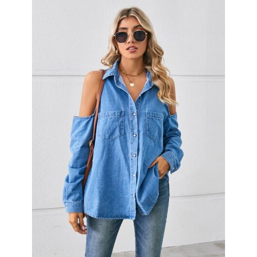 Cold Shoulder Pocketed Button Up Denim Jacket Ultra marine / S Clothing