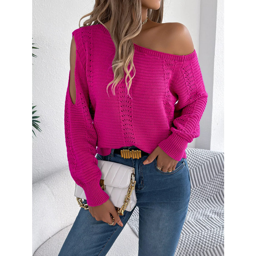 Cold-Shoulder Ribbed Knit Openwork Sweater Apparel and Accessories