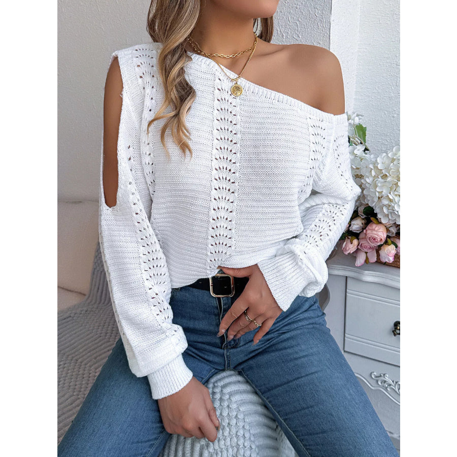 Cold-Shoulder Ribbed Knit Openwork Sweater Apparel and Accessories