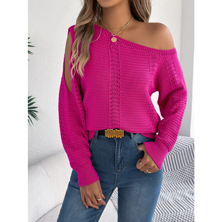 Cold-Shoulder Ribbed Knit Openwork Sweater Apparel and Accessories