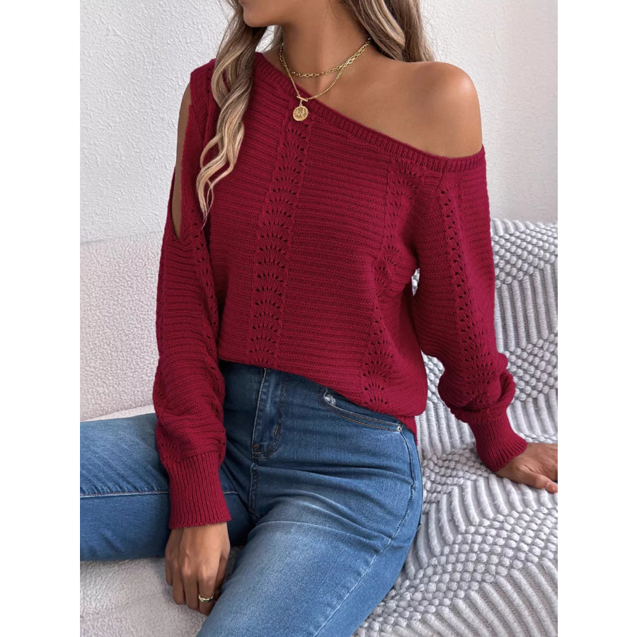 Cold-Shoulder Ribbed Knit Openwork Sweater Apparel and Accessories