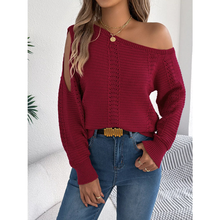 Cold-Shoulder Ribbed Knit Openwork Sweater Apparel and Accessories